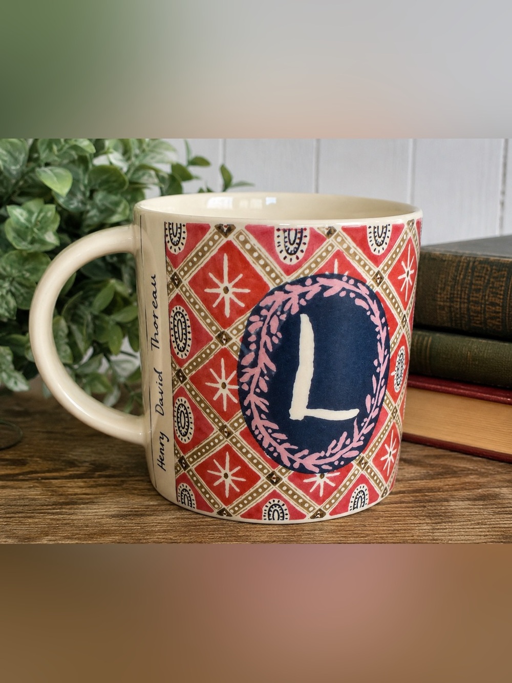 Anthropologie Monogram Letter L Mug Henry David Thoreau Red Tapestry EUC
